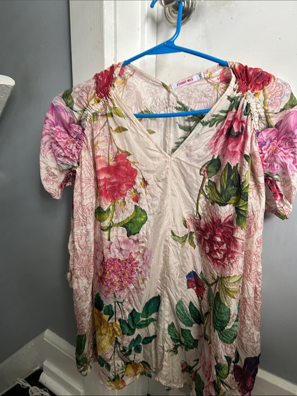 Johnny Was Cream Floral Short Sleeve Top with Pink & Green Blooms